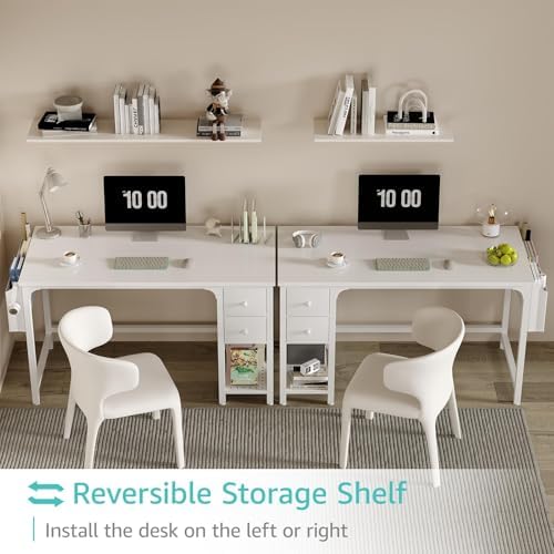 Lufeiya White Computer Desk with Drawers - 47 Inch PC Desk for Small Space Bedroom Home Office, Modern Simple Study Writing Table Desks with Storage Shelf, White