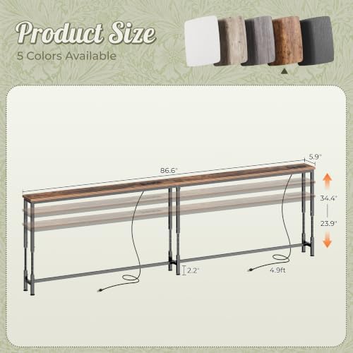 Huuger 86.6 Inch Sofa Table with Power Outlets, Skinny Behind Couch Table