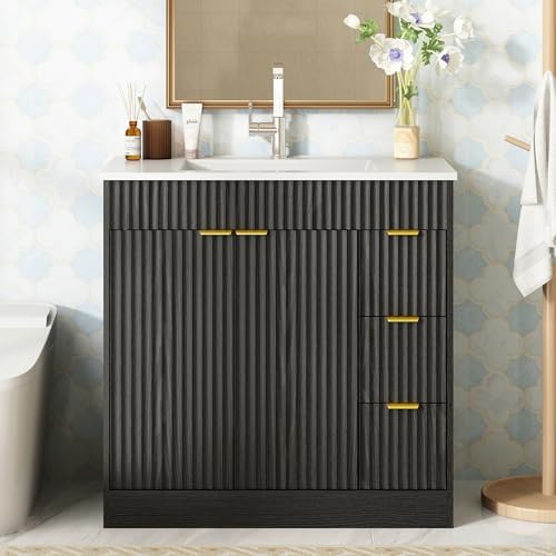CARPETNAL 36 Inch Bathroom Vanity with Sink, Black. | Modern Fluted Bathroom Vanity with Sink with Storage Cabinet, Adjustable Shelf and 2 Soft Closing Doors & 3 Drawers.