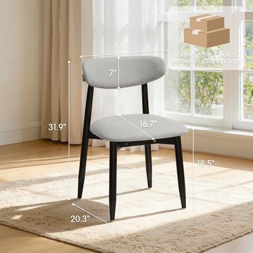 CHUN YI Dining Chairs Set of 6, Upholstered Solid Wood Dining Room Chairs, Mid Century Modern Fabric Kitchen Chairs with Ergonomic Curved Back, Gray (Only Chairs)