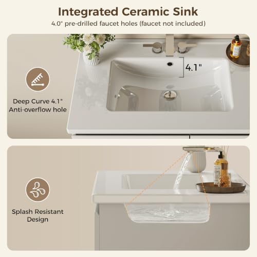 IRONCK 30-Inch Bathroom Vanity with Ceramic Sink, Modern (White) | Power Outlet | Freestanding | Divided storage | Hiddle Handle | Soft-Close Hinges