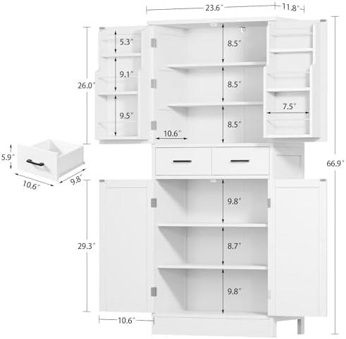 TEENFON Farmhouse Pantry Cabinet, 66.9″H Tall Kitchen Storage Cabinet with Barn Doors, Adjustable Shelves & Drawer, Freestanding Cupboard for Kitchen, Dining Room, Living Room, Bathroom, White