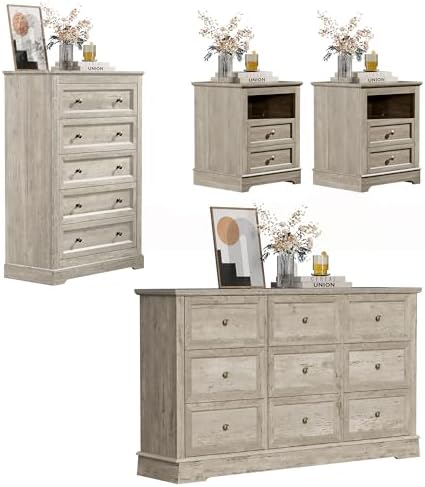 KIGOTY Farmhouse Bedroom Set, 4 Pcs Dresser and Nightstand Sets, 9/5 Drawer Dresser & 2 Drawer Nightstand Set with Charging Station,Rustic Wood Bedroom Furniture Set for Home
