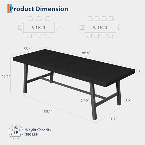 Garvee 87" 10 Person Dining Table, Industrial Kitchen Table, Black