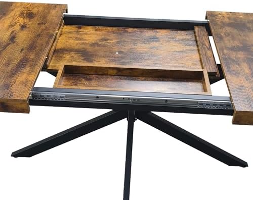 Extendable Dining Table for 4-6 People, 55" to 71" Expandable Table with Hidden Storage Drawer and Black Metal Base, Modern Rectangular Kitchen Dining Table, Brown