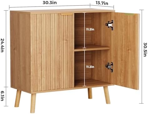 Set of 4 Fluted Storage Cabinet, Buffet Cabinet with Storage, Wood Sideboard with Adjustable Shelf, Modern Accent Cabinet & Console Table for Entryway, Living Room, Dining Room, Natural