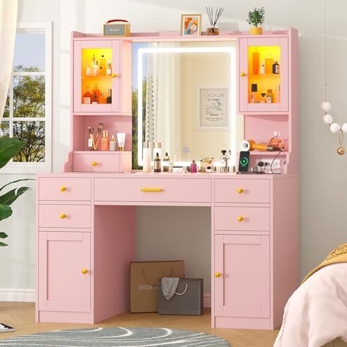 CSZZD Pink Makeup Vanity Desk with Lighted Mirror & RGB Storage Cabinets | 3 Colors Vanity Table Set with Power Outlet & 6 Drawers, Large Dressing Table with Open Storage Shelves for Bedroom