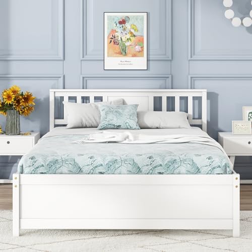 GIANTEX Full Size Solid Wood Platform Bed Frame, Mid Century Full Bed Frame with Headboard, Wood Slat Support, Double Panel Bed, No Box Spring Needed, Easy Assembly, White