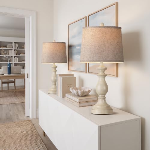 PARTPHONER Traditional Table Lamp Set of 2, Rustic Farmhouse Table Lamps for Living Room Bedroom, 27" Bedside Desk Lamps Vintage Nightstand Lamps with Linen Shades, Antique White