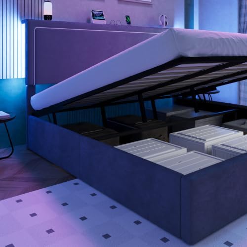 Allewie King Lift Up Storage Bed Frame with Charging Station, Grey