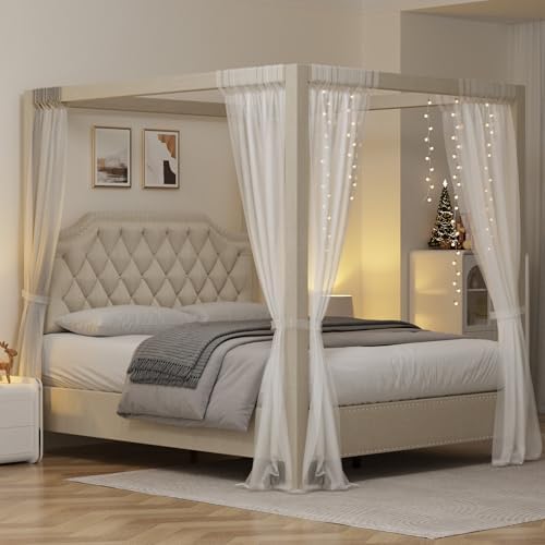 IDEALHOUSE Full Size Canopy Bed Frame with Nailhead Decoration Headboard