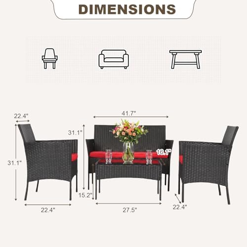 FDW 4-Piece Patio Furniture Set | Red | Outdoor Wicker Furniture