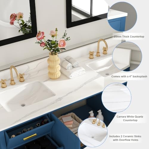 Montary 60" Bathroom Vanity with 2 Sinks & 61" Carrara Quartz Top | with 6 Pre-Drilled Faucet Holes, Solid Wood Cabinet, Soft-Close Double Doors & 9 Smooth-Glide Drawers,Blue