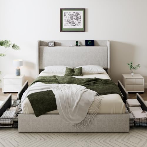 SHA CERLIN Full Size Storage Bed Frame with 4 Oversized Drawers, Modern Wingback Headboard with Storage Shelf & Charging Station, No Box Spring Needed, Easy Assembly, Light Beige
