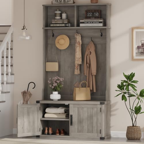 Garvee 77" H Farmhouse Hall Tree with Bench & Shoe Storage, Coat Rack