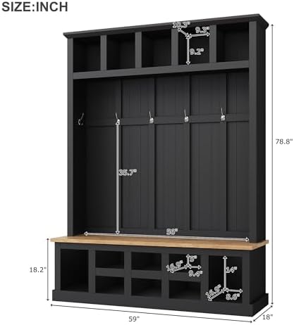 Farmhouse Wood Hall Tree with Bench and Shoe Storage, 5-in-1 Coat Rack with 6 Hooks for Entrance, Hallway Black