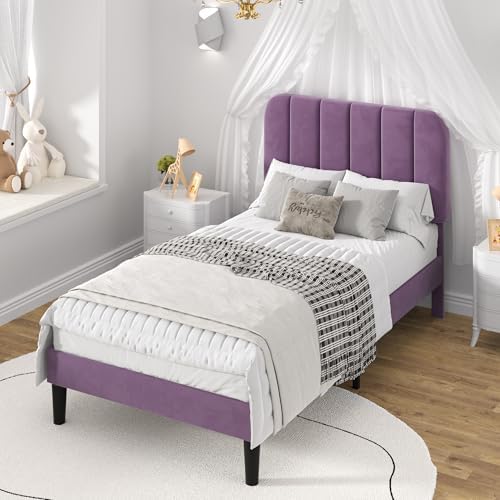 VECELO Twin Size Bed Frame with Upholstered Headboard, Velvet Platform Bedframe Mattress Foundation, Strong Wood Slat Support, No Box Spring Needed,Purple