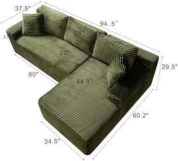 95" L-Shaped Right Facing Cloud Sectional Couch for Living Room, Modular Compressed Boneless Sectional Sofa Corduroy Boneless Corner Foam Sofa W/Chaise Lounge and Pillows