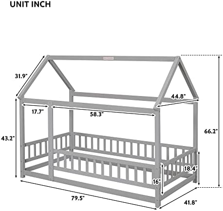 PVWIIK Twin Size Montessori Floor Bed with Roof & Fence Guardrails for Boys Girls Bedroom,Twin Size Floor Wooden Bed Frame,Easy Assemble,No Box Spring Needed, Gray
