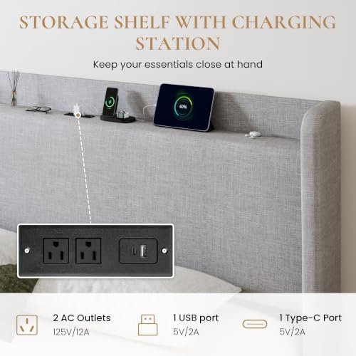 SHA CERLIN King Size Storage Bed Frame with 4 Oversized Drawers, Modern Wingback Headboard with Storage Shelf & Charging Station, No Box Spring Needed, Easy Assembly, Grey