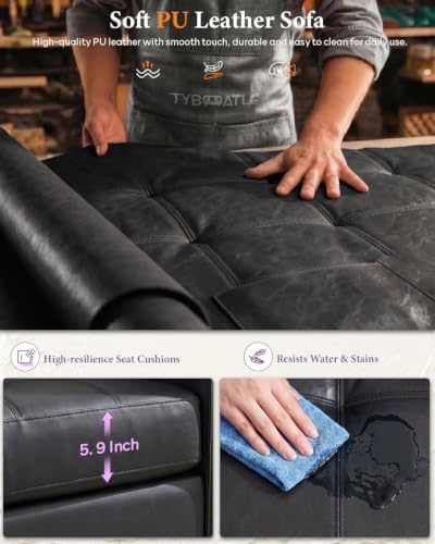 88'' Black Faux Leather Couch w/ Charging, 3 Seater Living Room Office Sofa