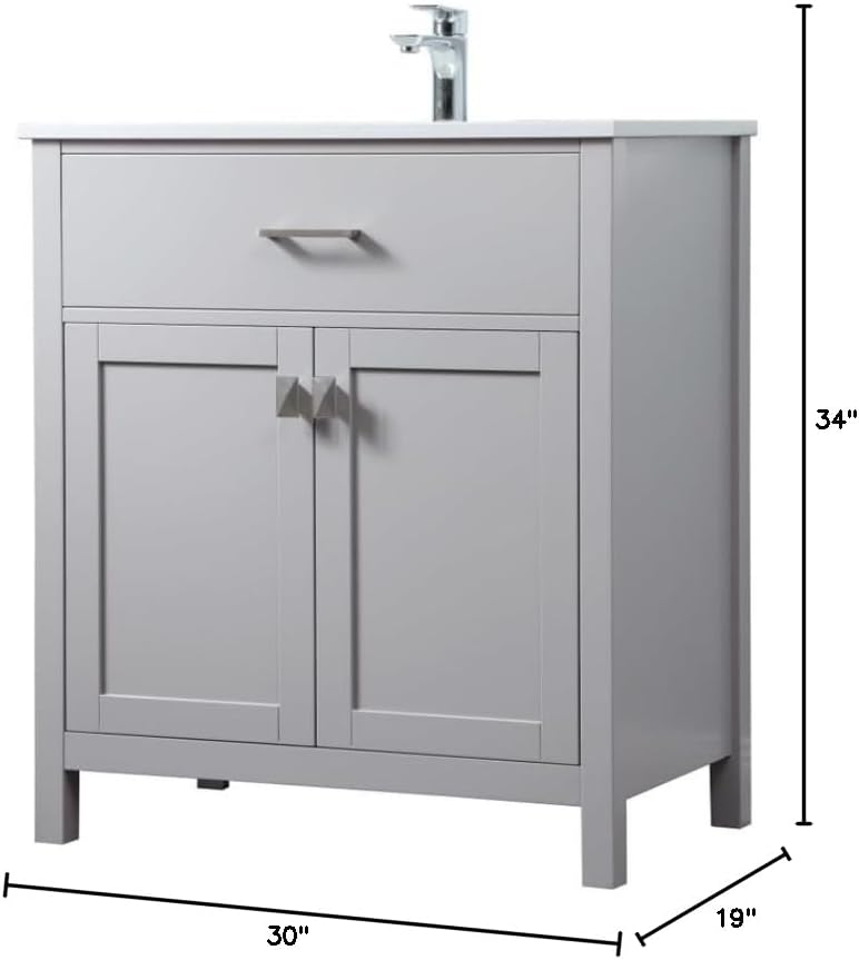 30" Pre-Assembled Bathroom Vanity with Sink, Engineered Wood, Calacatta White Engineered Marble Countertop Attached, Single Rectangle Porcelain Sink, Grey