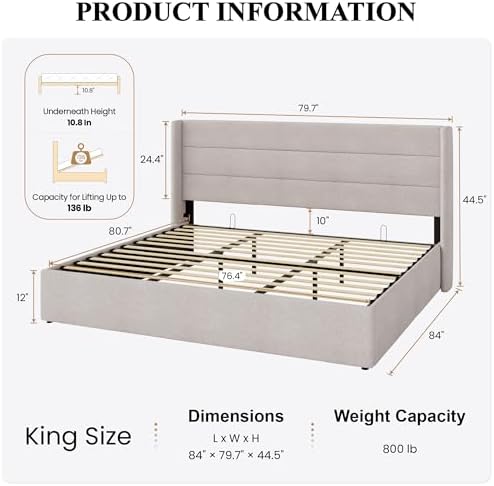 SHA CERLIN King Size Lift Up Hydraulic Storage Bed Frame Light Beige