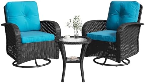 Aoxun 3 Pieces Patio Furniture Set, Patio Swivel Rocker Chairs Set of 2, Wicker Outdoor Bistro Set with Rocking Chair, Thickened Cushions and Table for Porch (Peacock Blue)