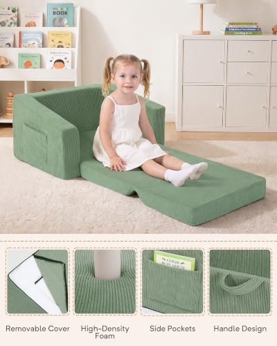 2-in-1 Kids Chair and Couch, Larger Cozy Corduroy Kids Sofa, Green