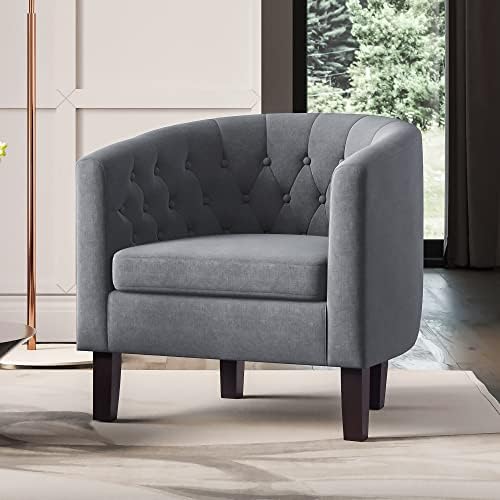 BELLEZE Accent Barrel Arm Chair, Set of 2 Modern Comfy Upholstered Tufted Club Chair with Sturdy Legs and Linen Fabric for Bedroom Living Room - Gray