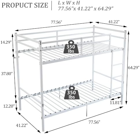 Bellemave Twin Over Twin Bunk Beds, Metal Bunk Bed Frame with Ladder and Full-Length Guardrail for Kids, Adults, White