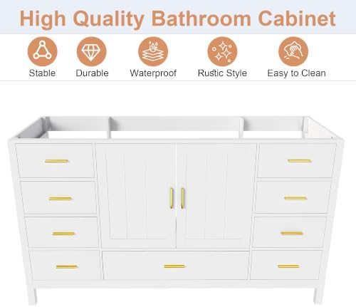 Montary 60" Modern Bathroom Vanity Base Cabinet, Solid Wood Construction | Soft-Close Double Doors & 9 Full-Extension Drawers(Basin & Top Not Included),White