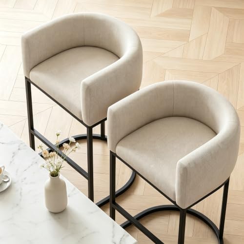 26" H Counter Height Bar Stools Set of 1, Modern Barrel Counter Stools with Backrest and Arms, Linen Fabric Upholstered Accent Barstools for Kitchen Island,Support 450 LBS (Beige)