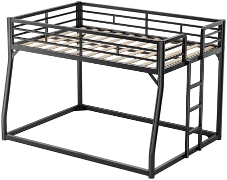 PVWIIK Metal Full XL Over Queen Bunk Bed w/Ladder and Safety Guardrail for Kids Teens Adults,Heavy-Duty Sturdy Bunk Bed,No Box Spring Needed,Black