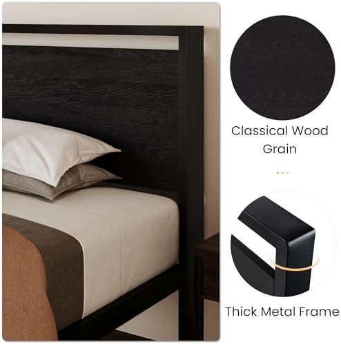 SHA CERLIN 14 Inch Twin Size Metal Platform Bed Frame with Wooden Headboard and Footboard, Mattress Foundation, No Box Spring Needed, Large Under Bed Storage, Heavy Duty Slats Support, Black Oak