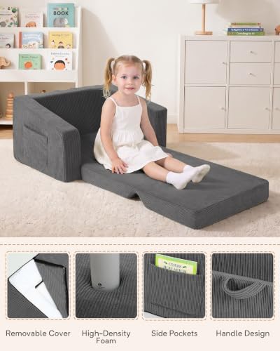 2-in-1 Kids Chair and Couch, Larger Cozy Corduroy Kids Sofa, Grey
