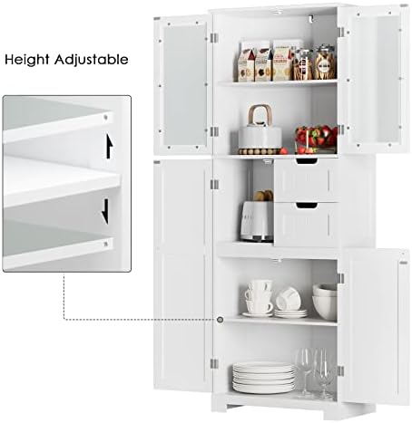 BOTLOG 67'' Tall Bathroom Storage Cabinet, Linen Cabinet with Glass Doors and Adjustable Shelves, Kitchen Pantry with 2 Drawers for Bathroom, Living Room, Dining Room, White | Frosted Glass Doors, Wood Drawers, Kitchen Pantry, Line Cabinet for Bathroom...