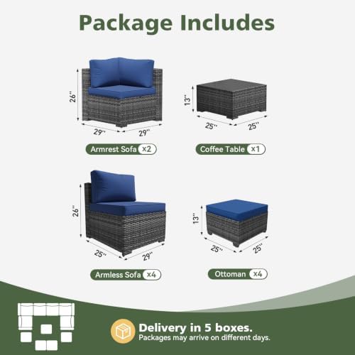Aoxun Patio Furniture Sets, 11-Piece Outdoor Furniture with Ottoman, Wicker Conversation Set Sectional Sofa for Backyard, Poolside, Garden