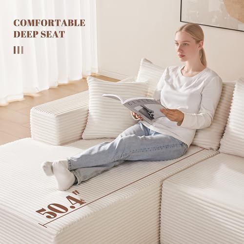 Mangodan 140” Cloud Sectional Couch, Modular Sectional Sofa with Deep Seat, Boneless Sofa for Living Room, Fluffy Comfy U-Shaped Couch with Left Facing Chaise, No Assembly Required, Beige
