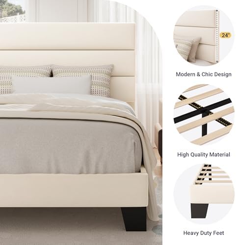 Allewie Twin Size Platform Bed Frame with Fabric Upholstered Headboard and Wooden Slats Support, Fully Upholstered Mattress Foundation/No Box Spring Needed/Easy Assembly, Cream