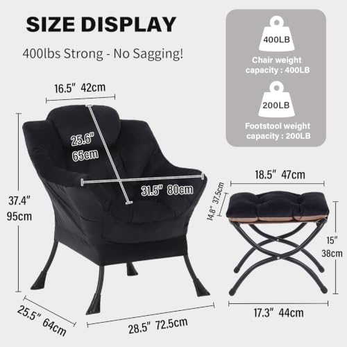 Tiita Lazy Chair with Ottoman, Comfy Reading Accent Chair, Velvet Black