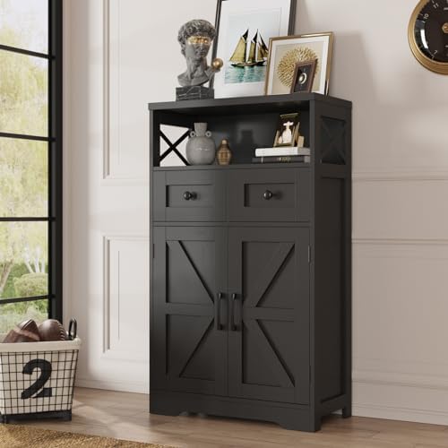 Farmhouse Storage Cabinet with Drawers, Small Kitchen Pantry Cabinet, Black