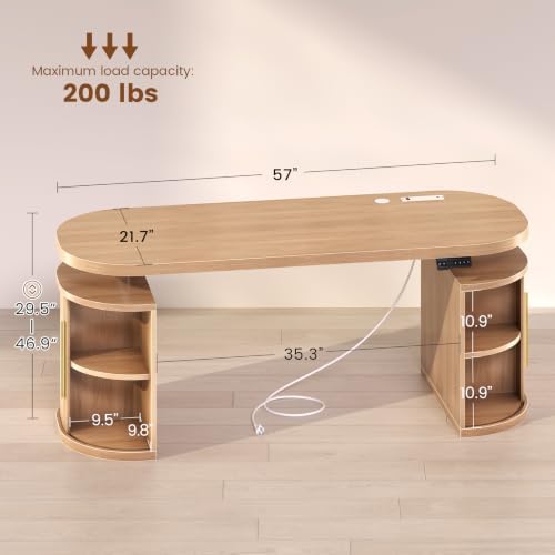 SEDETA 57" Standing Desk with Storage, Electric Height Adjustable Executive Fluted Desk with Curved Cabinets, Computer Desk with Power Strip for Home Office, Light Oak