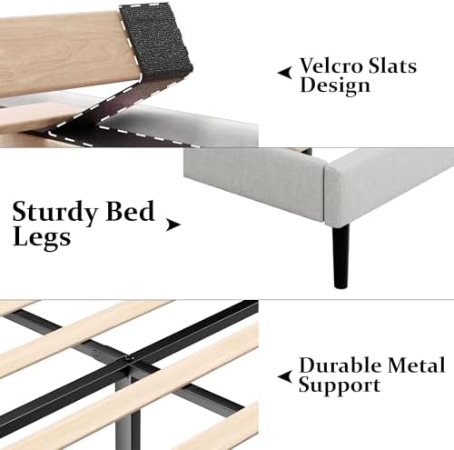 Gruwans Queen Size Bed Frame with Upholstered Wingback Headboard, Easy Assemnly Platform Bed, Wooden Slat Support No Box Spring Needed, Sand