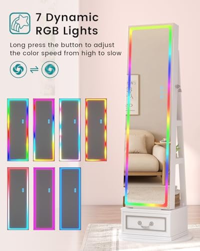 Vlsrka LED Mirror Jewelry Cabinet with Lights, 360° Swivel, White | Lockable Mirror with Storage, Standing Jewelry Armoire Organizer, Touch Screen, RGB Modes for Bedroom, Gift for Women