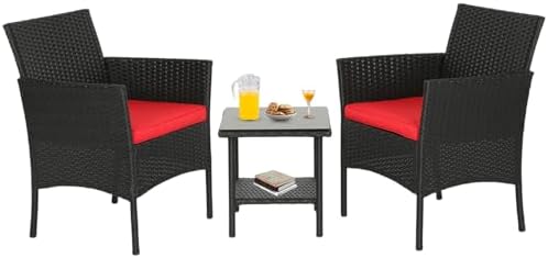FDW 3-Piece Patio Furniture Set | Black & Red | Outdoor Wicker Furniture