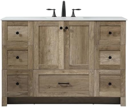 48" Pre-Assembled Bathroom Vanity with Sink, Engineered Wood, Ivory White Engineered Marble Countertop Attached, Single Rectangle Porcelain Sink, 7 Soft-Close Drawers, Natural Oak