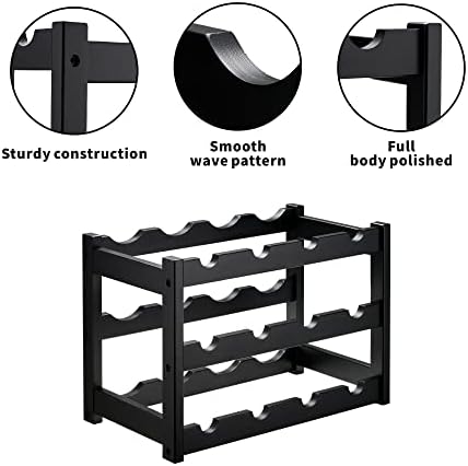 VASMIA Bamboo Wine Rack, Sturdy and Durable Wine Storage Cabinet Shelf, Wine Racks Countertop for Pantry,Kitchen,3-Tier 12 Bottles Wine Rack Black