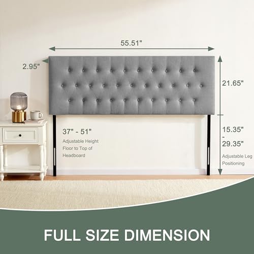 Tufted Upholstered Headboard Full Size, Adjustable Height 37- 51 in, Gray