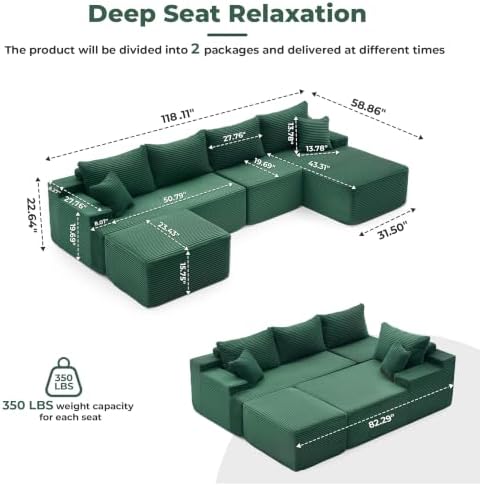 Mangodan Cloud Sectional Couch, Boneless Couches for Living Room, Green